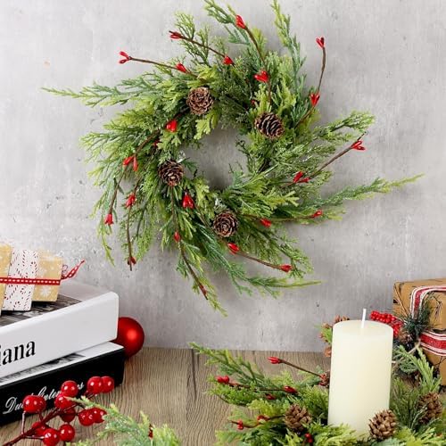 6 Pcs 9 Inch Christmas Wreaths for Kitchen Cabinet Artificial Cedar Pine Hanging Wreath with Red Berries Pine Needles for Front Door Xmas Swag Wreaths for Christmas Winter Farmhouse Home Decorations - Image 2