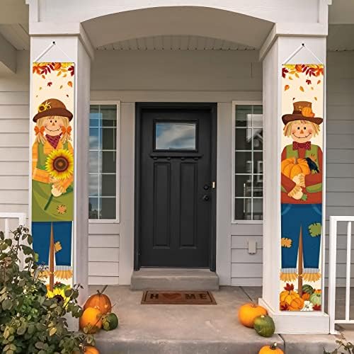 2 Pcs Thanksgiving Porch Sign Banner Fall Harvest Banner Autumn Scarecrow Maple Leaves Pumpkin Hanging Door Sign for Indoor Outdoor Home Party Decorations, 12 x 71 Inch - Image 6