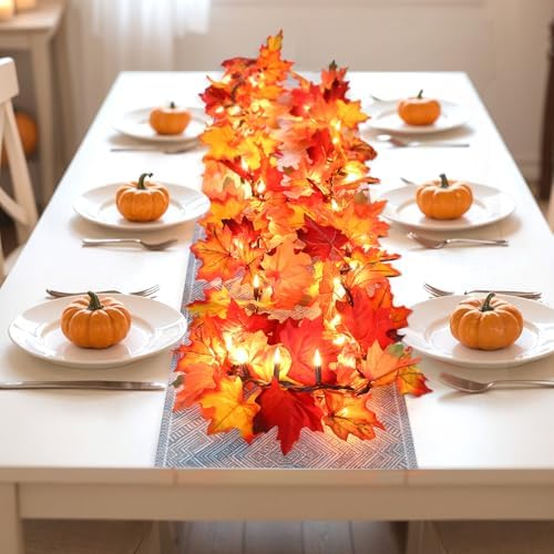 Fall Decorations Lighted Fall Garland, 9FT 50 Count Incandescent Lights Brown Wire UL Certified Connectable Maple Leaves String Lights for Home Party Fireplace Mantle Thanksgiving Decor (Orange, 9FT) - Image 4
