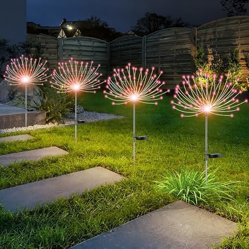 YOTOZU 4 PCS Solar Firework Light, Outdoor Solar Garden Decorative Lights 120 LED Powered 40 Copper Wires String DIY Landscape Light for Walkway Pathway Backyard Decoration Parties Perfect Gifts(Pink) by YOTOZU