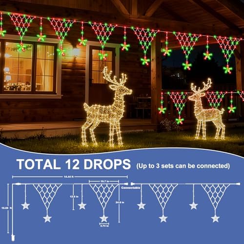 (New) Christmas Curtain Lights, RGB Remote Control Christmas Lights, 218 LED 13.8FT Outdoor String Lights with 12 Star Drops 8 Modes Waterproof for New Year, Eaves, Fence, Balcony, Railing Decor - Image 2