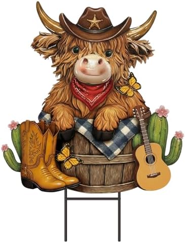 Amyhill Western Highland Cow Metal Garden Stakes Yard Sign Decoration by Amyhill