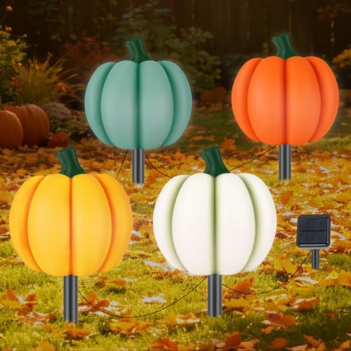 4-in-1 Pumpkin Solar Lights Outdoor Halloween Decorations Fall Stake Lights by Eyourlife