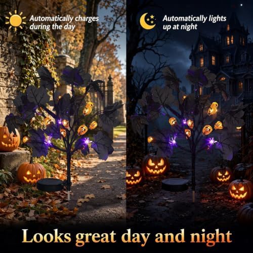 Gerrii 2 Pcs Halloween Decorations Outdoor Solar Lights with Black Leaves - Image 4