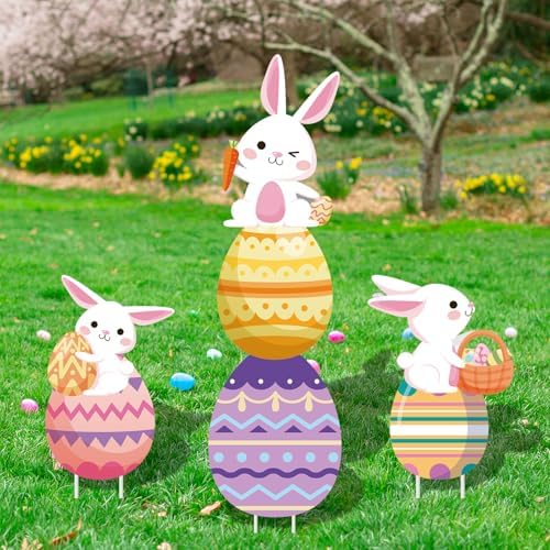 48 Inch Easter Bunny and Egg Yard Signs with Stakes - Large Bunny and Egg Stackable Designs for Outdoor Garden and Lawn Decorations for Easter Day Party Favors, Spring Holiday Celebrations - Image 4
