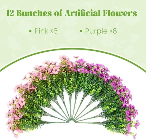 Ammyoo Artificial Fake Plants Flowers for Outdoor Spring Decor, 12 Bundles Faux Silk Mums for Planter Pot Colorful UV Resistant Look Real for Front Door Porch Patio Outside Yard(Purple Pink) - Image 5