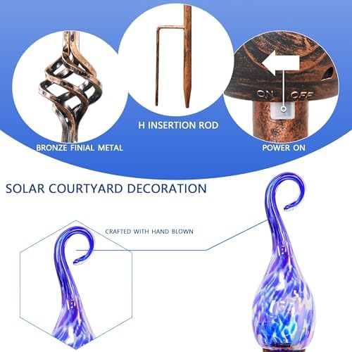 Garden Solar Lights,Flame Solar Lights Outdoor - Hand Blown Glass Waterproof Glass Stakes Outdoor Waterproof Blue Flame Solar Light - Image 4