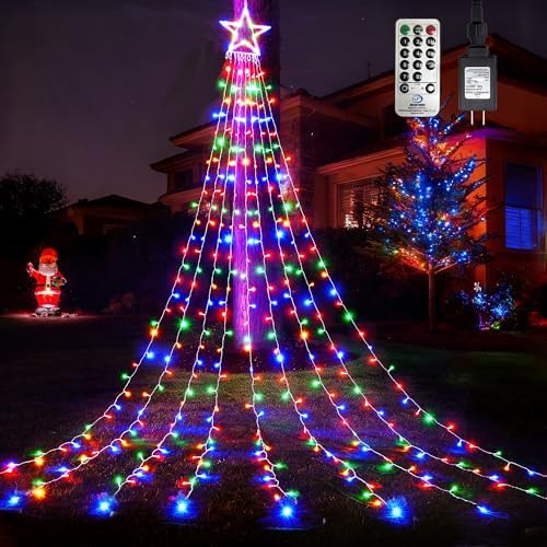 WBao Outdoor Christmas Decorations with 12" Star Topper, 344 LED 11.9ft Waterfall Christmas Lights with Remote Control, 8 Modes, 3 Timers, UL Listed, Waterproof for Tree Roof Porch Decor, Multicolor by WBaoOfficial