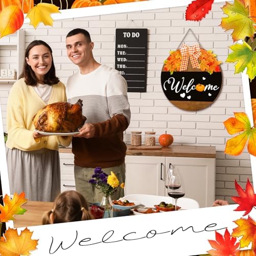 Moucuny Fall Welcome Door Sign, Wooden Thanksgiving Wreath with Bow - Image 6