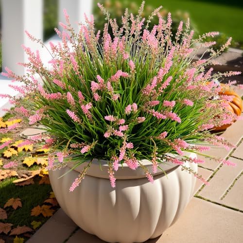 Ammyoo Artificial Plants Fake Monkey Grass for Outdoor Porch Decorations | 12 Pcs Faux Plants for Garden Planters, UV Resistant Fake Flowers Shrubs No Fade Greenery Bush for Outside Yard(Pink) by Ammyoo