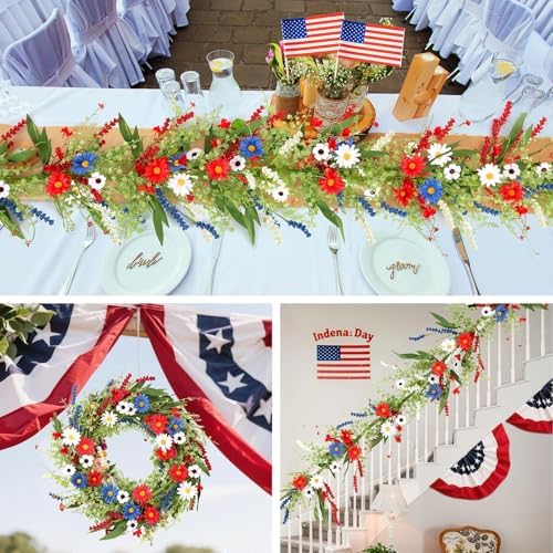 6.56 Ft 4th of July Flower Garland Wreath Patriotic Red Blue White Daisy Vine Garland Artificial Wild Floral Garland for Independence Day Arch Porch Stair Table Indoor Door Home All Year - Image 4