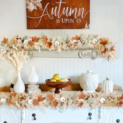 Neutral Fall Garland for Mantle Fireplace - 2 Pack 6Ft Outdoor Autumn Leaves Decor for Home Front Door with Pumpkins Indoor Maple for Farmhouse Table Stairs Porch Halloween Thanksgiving Decorations - Image 6