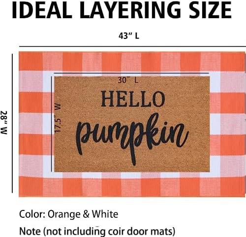 Orange and White Plaid Rug, 28'' x 43'' Fall Front Door Decor Mat, Cotton Washable Hand-Woven Door mat for Layered Doormat, Autumn Halloween Thanksgiving Carpet for Porch, Entryway - Image 2