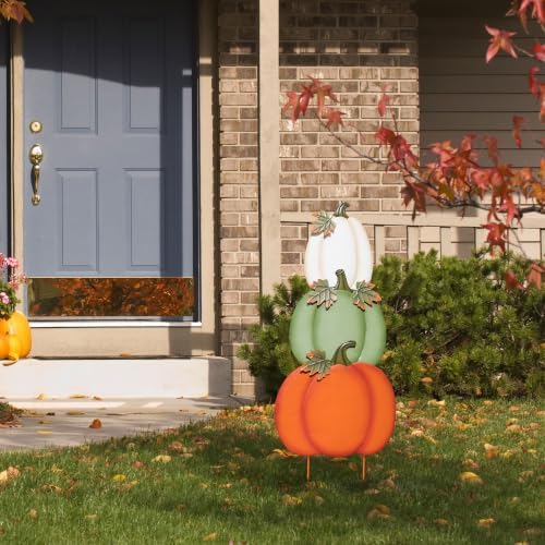 Glitzhome 36"H Fall Pumpkin Yard Stake Set of 3, Fall Decorations for Outdoor, Metal Stacked Pumpkins Yard Sign Decor for Garden, Lawn, Porch, Autumn Harvest Halloween Thanksgiving Pumpkin Decoration - Image 3