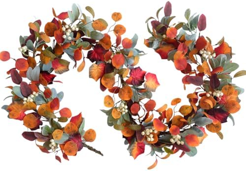 70 Inch Fall Orange Eucalyptus Maple Leaves Garland with White Berries Wreath Garland for Front Door, Autumn Leaves Home Decor Garlands for Indoor Outdoor, Rustic Farmhouse Fall Leaves Garlands by Egolot