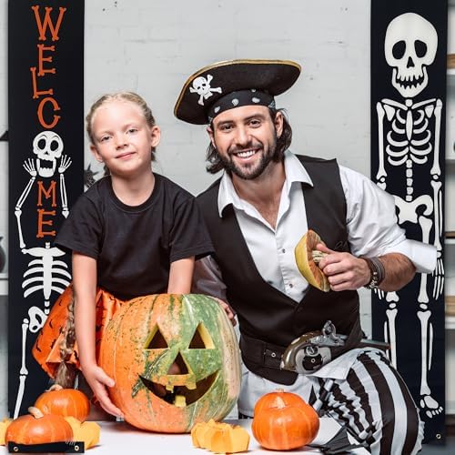 Halloween Banner Decorations Outdoor Indoor Happy Halloween Decor Trick or Treat Decorative Hanging Banners Porch Welcome Signs for Front Door Outside Yard Garland Party Supplies (Skeleton-Welcome) - Image 4
