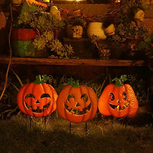 Juegoal 3 Pack Halloween Lighted Pumpkin Garden Stakes, Metal Jack-o-Lantern Light Up Outdoor Decor, Halloween Yard Signs with Battery Powered & Timer, Decorative Pumpkins Figurine for Lawn Pathway - Image 4