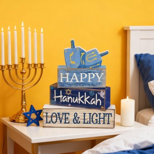 Lineshading 4 Pcs Wooden Hanukkah Decor Farmhouse Blocks with Dreidel - Image 6