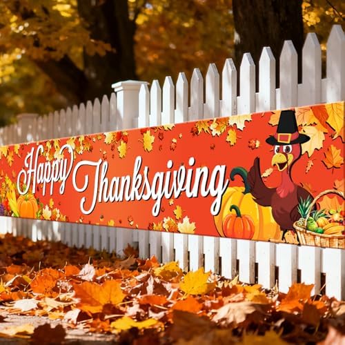 Happy Thanksgiving Banner Outdoor，Large Fall Banner for Thanksgiving Decorations Maple Leaf Turkey Pumpkin Decorations Fall Yard Banner for Party Supplies, Yard Sign Background Photography by GRMIKBUBalusters