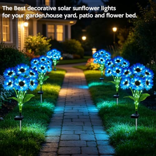 Solar Sunflower Lights Outdoor Garden Decor, 6 Pack Solar Blue Flowers Lights with 18 Sunflowers, Waterproof Fall Decor Stake Decorative Light Auto ON/Off for Garden Yard Patio, Gift for Women - Image 5