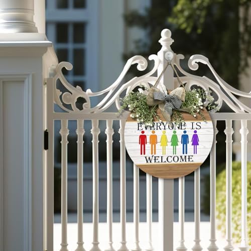 Gay Pride Rainbow Door Sign Everyone is Welcome Wooden Door Hanger LGBTQ Door Wreath with Bow for Lesbian Diversity Decorations Rainbow Yard Sign Decor for Indoor Outdoor 12 x 12 inch - Image 2
