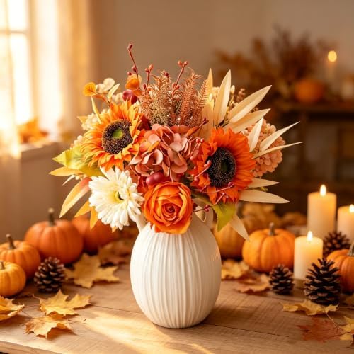 LUEUR Artificial Fall Sunflower with Vase – Faux Autumn Hydrangea & Rose - Image 2