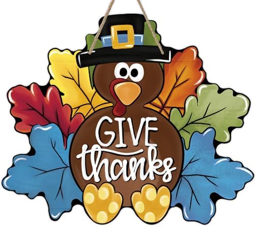Deroro Thanksgiving Turkey Front Door Sign, Fall Give Thanks Wood Door by DERORO