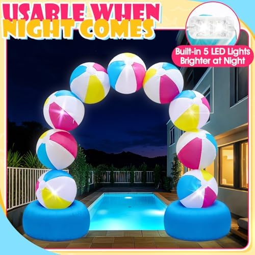 8FT Inflatable Beach Ball Arch Built-in 5 LED Lights Colorful Blow Up Archway for Summer Outdoor Decorations Tropical Luau Carnival Pool Beach Birthday Party Supplies Yard Garden Lawn Photo Backdrop - Image 3