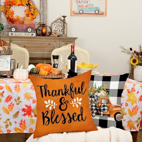GEEORY Fall Decorative Throw Pillow Covers 20 x 20 Inch Set of 4, Pumpkins Thankful Blessed Buffalo Plaid Fall Decor Outdoor Farmhouse Pillow Cases for Home Couch (Orange Color) G337-20 - Image 2