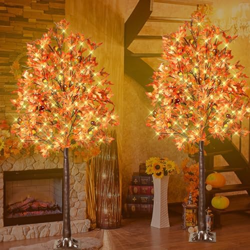 2 Pack 6FT 130 LED Lighted Maple Tree - Thanksgiving Decor Artificial Fall Tree with 13 Branches, 13 Acorns 260 Leaves, Remote 8 Modes, Timing, DC 5V Safe for Outdoor Wedding Party Autumn Decor - Image 6