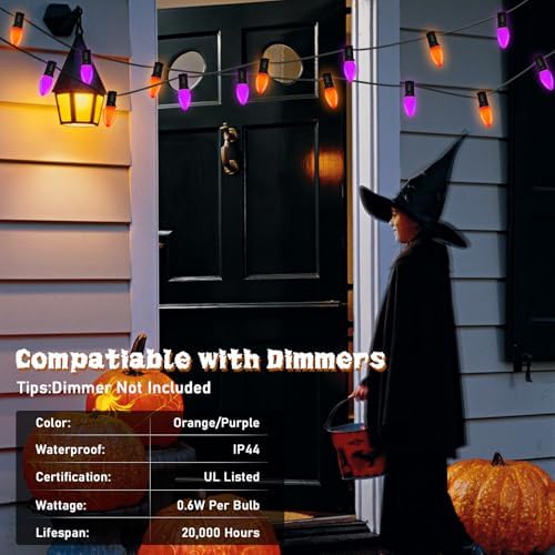 SUNSGNE C7 LED Halloween String Lights Outdoor, 25FT Orange Purple String Lights with 27 Shatterproof Plastic LED Bulbs(2 Spare) for Patio Balcony Backyard Decor, Black Wire - Image 3