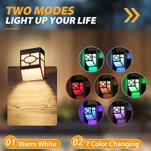 Otdair Solar Deck Lights Outdoor, 2 Modes Decorative Solar Fence Lights with RGB 7 Colors & Warm White, IP65 Waterproof Garden Decor for Yard, Patio, Front Door, Post, Landscape 8 Pack - Image 2
