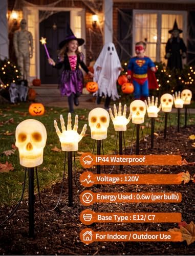 6Pack Halloween Pathway String Lights, 13Ft LED Skull Outdoor Stake Lights - Image 4