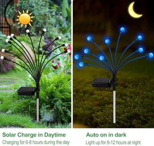 Kohlrabi Solar Garden Lights Outdoor, 6 Pack 48 LED Blue Firefly Lights Waterproof, Sway by Wind, Solar Wind Swaying Light for Yard Patio Backyard Garden Planter Flower Bed Pathway Decoration - Image 3
