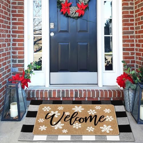 Tinideya 2 Pcs Winter Snowflake Doormats Christmas Layered Welcome Outdoor Door Mats with Buffalo Plaid Front Door Rug Non Slip Floor Mats for Porch Entryway Xmas Holiday Seasonal Decor - Image 4