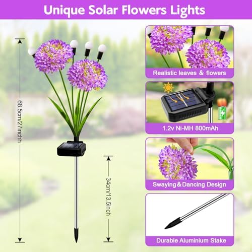 Solar Garden Lights, 6 Pack Solar Purple Swaying Firefly Lights with Flowers, Waterproof Purple Halloween Flowers Light Outdoor for Garden Patio Yard Fall Decoration, Gifts for Women Mother's Day - Image 2