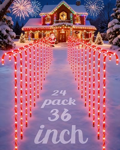 COOLWUFAN 36" Candy Cane Christmas Decorations, 24 Pack Giant Candy Cane Lights, Outdoor Pathway Markers Lights for Xmas Holiday Walkway Patio Garden Yard Lawn by COOLWUFAN
