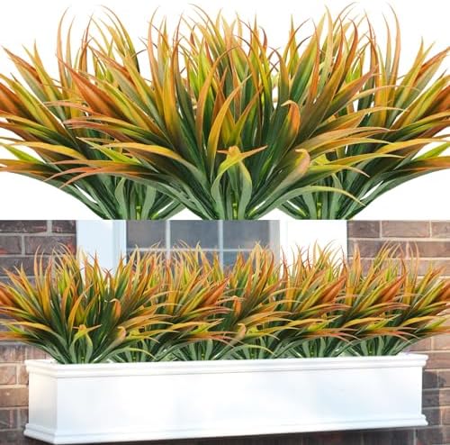 16Pcs Artificial Grass Fake Plants 17.3in Outdoor Plastic Plants UV Resistant Greenery Fake Grass for Home Window Garden Office Patio Hanging Planter Pathway Front Porch Décor Orange Yellow by Phliofd