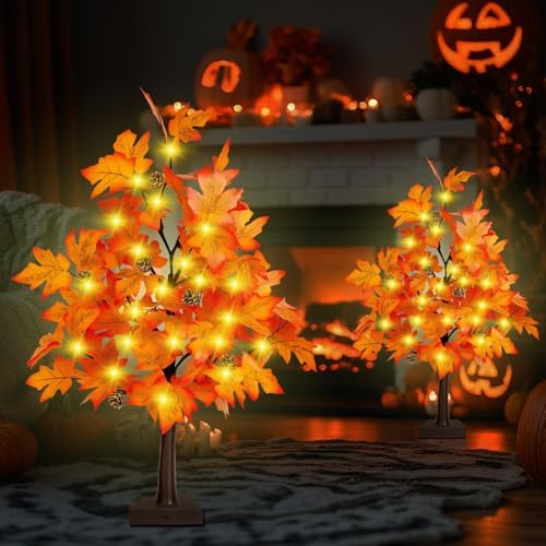 Fall Decor 2FT Lighted Maple Tree - 24 Inch Thanksgiving Tabletop Lamp Decor with 36 LED Lights, 72 Maple Leaves, 6 Pines, Timer, Battery or USB Operated Artificial Tree Fall Decorations for Home - Image 5