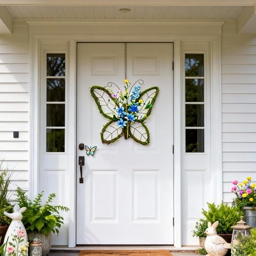 idyllic Butterfly Shaped Wreath with Pastel Berries and Floral Spring Artificial Wreaths for Front Door Decor（Blue） - Image 7