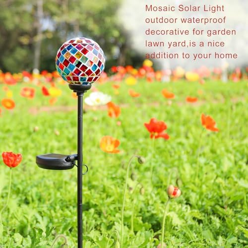 VCUTEKA Decorative Solar Garden Lights, 3.5" Mosaic Globe Outdoor Stake - Image 5