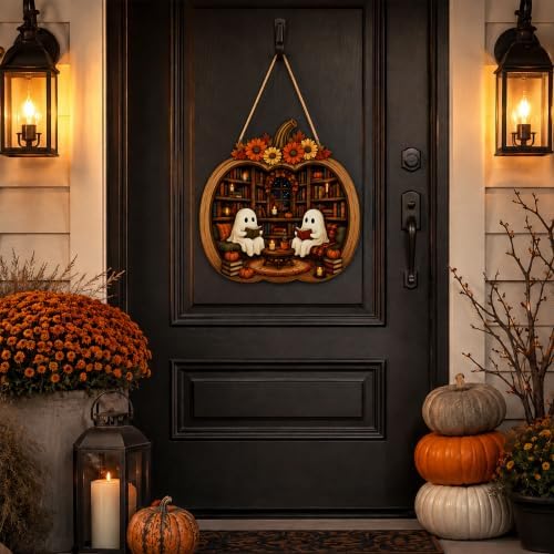 Halloween Pumpkin Book Stack Sign, Pumpkin Halloween Front Door Hanger, Spooky Wooden Sign for Indoor Outdoor Yard, Сute Ghost Home Decorations Signs - Image 3