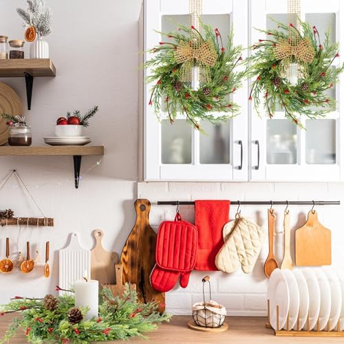 6 Pcs 9 Inch Christmas Wreaths for Kitchen Cabinet Artificial Cedar Pine Hanging Wreath with Red Berries Pine Needles for Front Door Xmas Swag Wreaths for Christmas Winter Farmhouse Home Decorations - Image 6