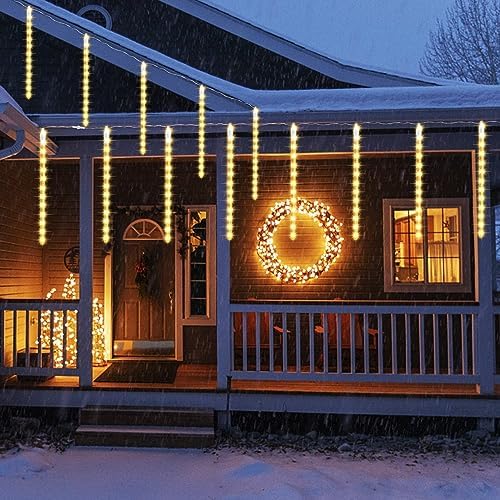 LJLNION 24 Tubes Meteor Shower Lights, Outdoor Icicles Christmas Decor, 12 Inch 864 LED Snow Falling Connectable Raindrop Lights, Xmas Wedding Party Tree Holiday Decoration, Warm White - Image 6