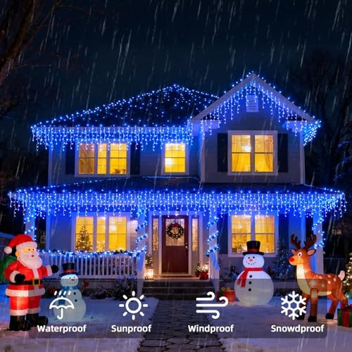 Christmas Outdoor Icicle Lights - 200 LED 21+16 FT 8 Modes Curtain Fairy String Light Plug in, Waterproof for Eaves Yard Holiday Xmas Holiday Indoor Outdoor Decoration - Blue - Image 3