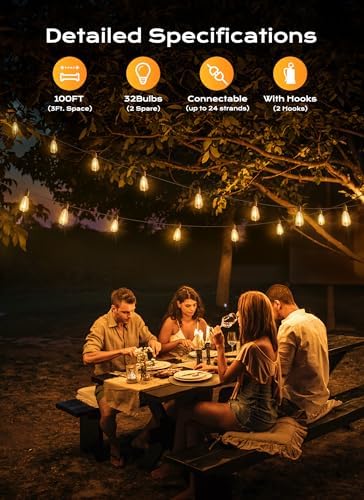 Brightown Outdoor String Lights Patio Lights 100FT ST38 Waterproof Dimmable - Image 2