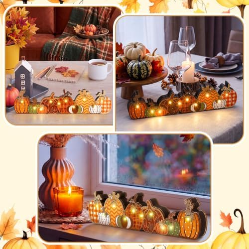 Yousoontic Fall Table Decorations, Light up Pumpkin Table Centerpieces Retro Wooden Sign Decor with LED Lights 3D Block Pumpkin Decor for Autumn Thanksgiving Harvest Farmhouse Home Mantel Desk Party - Image 5