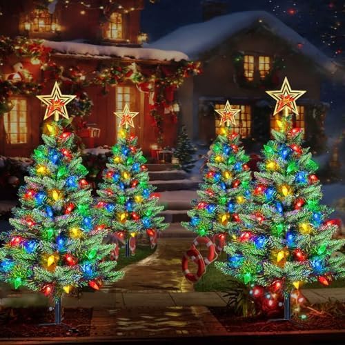 Upgraded Set of 2 Solar Christmas Tree, Outdoor Christmas Decorations,Prelit Xmas Tree w/ 100 LED Multi-color C6 String Lights for Outsdie Holiday Display Yard Front Porch Pathway Grave Cemetery Decor - Image 3