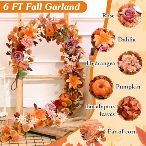 6FT Fall Garland for Mantle, Pumpkin Dahlia Garland Fall Decor - Image 4