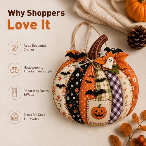 Autumn Retro Patchwork Pumpkin Door Hanging with Lights，B - Image 3
